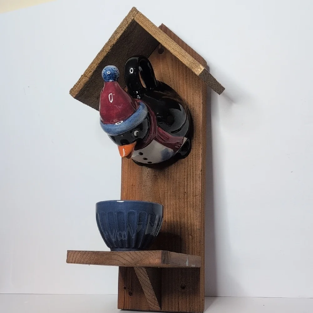 Rustic Wooden Handmade Bird Feeder Penguin With The Birds